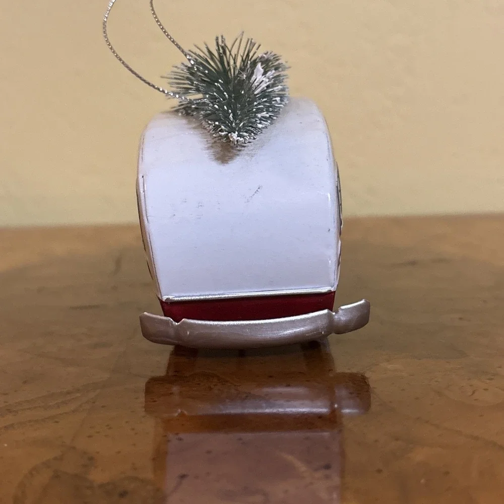 Retro Style Camper Trailer Christmas Ornament Red White Tin w/ Tree - Picture 4 of 5